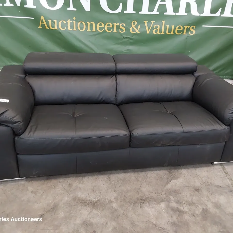 DESIGNER ITALIAN STYLE THREE SEATER SOFA WITH ADJUSTABLE HEADRESTS BLACK LEATHER 