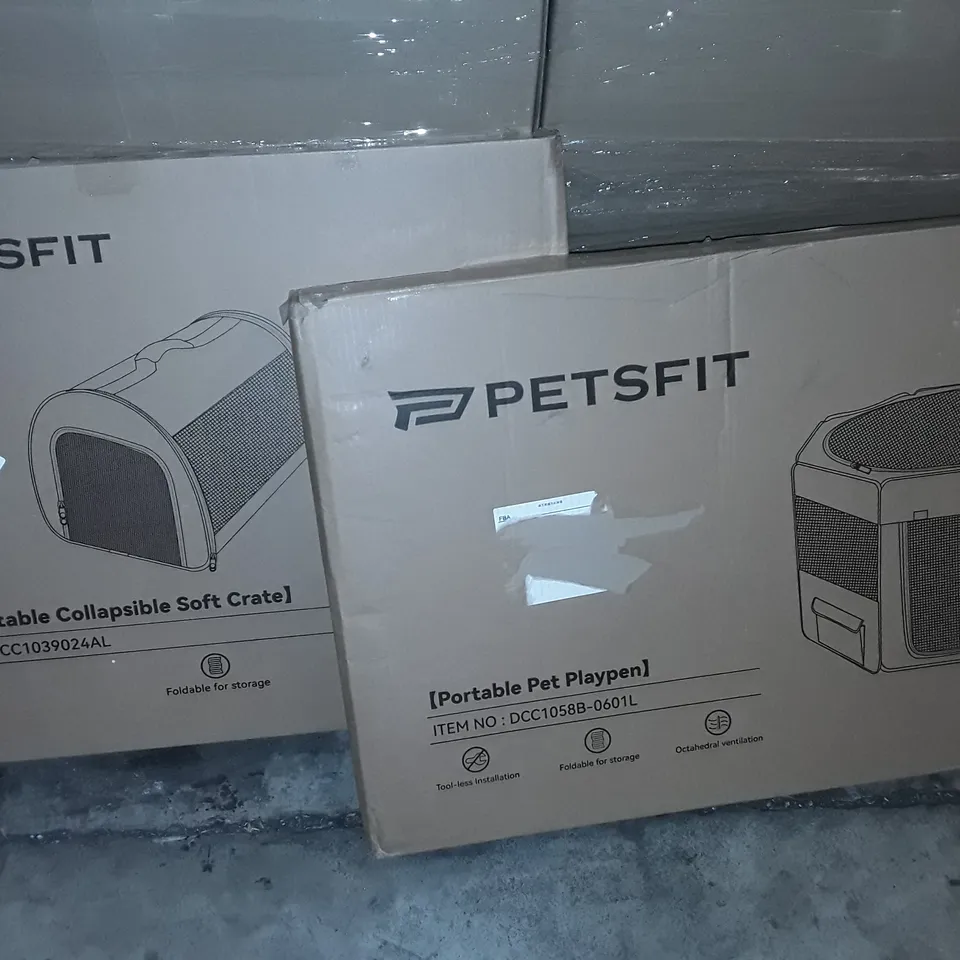 PALLET OF ASSORTED HOUSEHOLD ITEMS TO INCLUDE PORTABLE PET PENS, 55" TRAMPOLINES AND CAMPING TENT