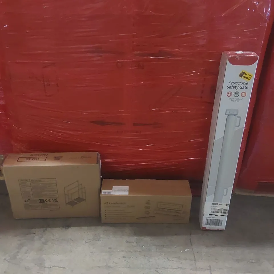 PALLET CONTAINING A VERY LARGE QUANTITY OF ASSORTED ITEMS INCLUDING: TOWEL RACK, A3 LAMINATOR, RETRACTABLE SAFETY GATE ECT