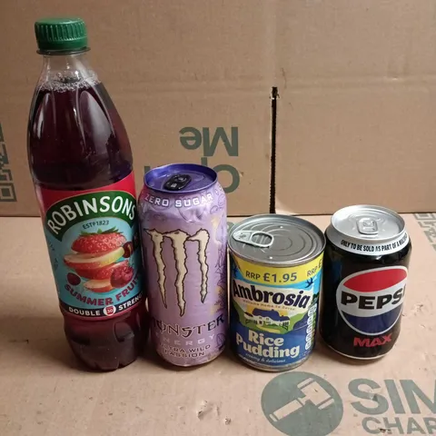 APPROXIMATELY 15 ASSORTED FOOD/DRINK PRODUCTS TO INCLUDE RICE PUDDING, PEPSI MAX, FRUIT CORDIAL ETC