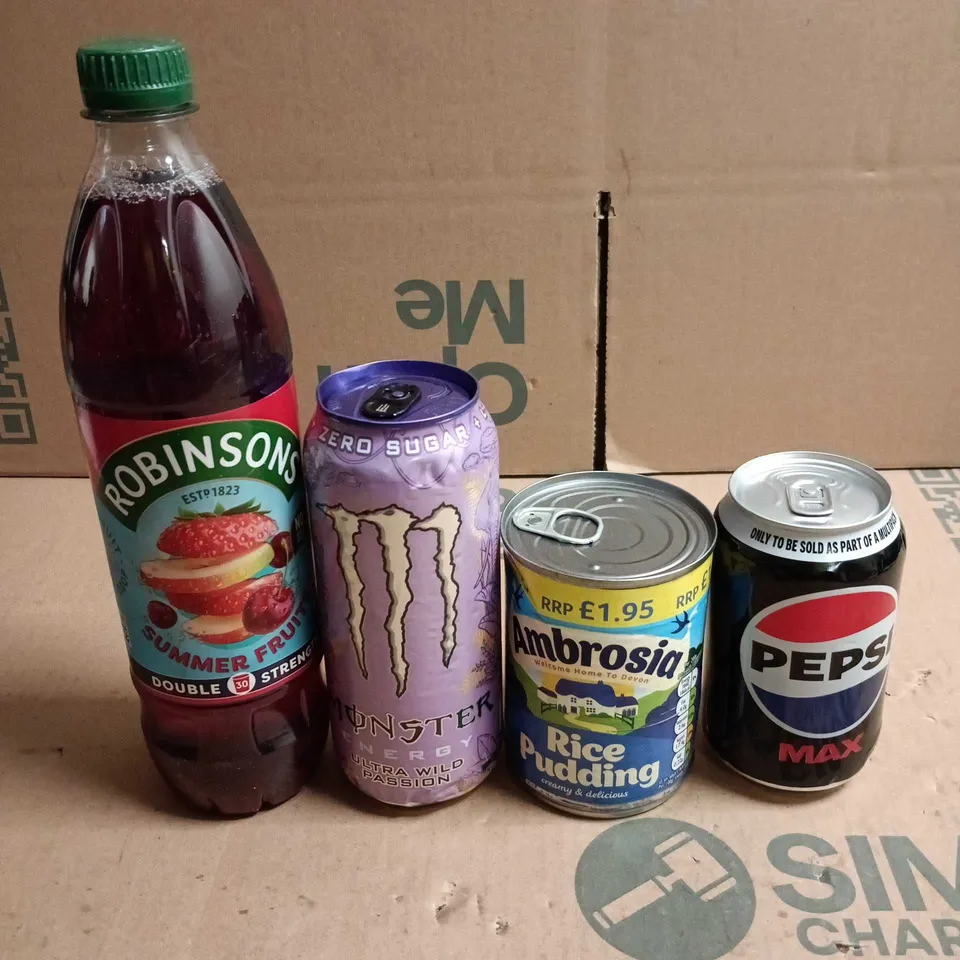 APPROXIMATELY 15 ASSORTED FOOD/DRINK PRODUCTS TO INCLUDE RICE PUDDING, PEPSI MAX, FRUIT CORDIAL ETC 