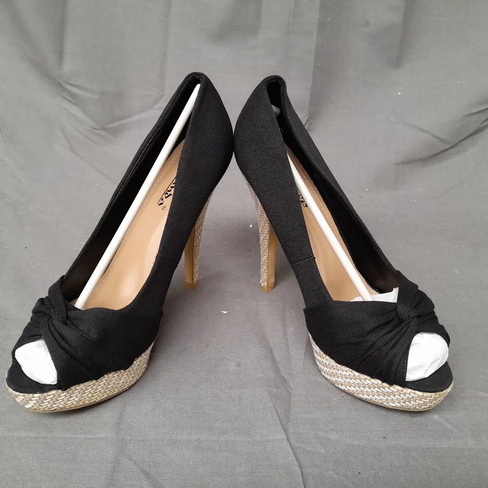 BOX OF APPROXIMATELY 20 BOXED PAIRS OF LAVANDA PEEP TOE HIGH HEEL SHOES IN BLACK - VARIOUS SIZES - COLLECTION ONLY