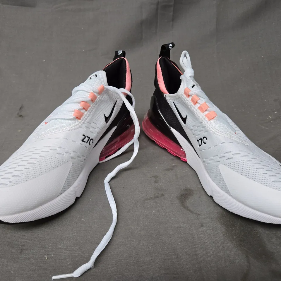 BOXED PAIR OF NIKE AIR MAX 270 SHOES IN WHITE/BLACK/PINK UK SIZE 8