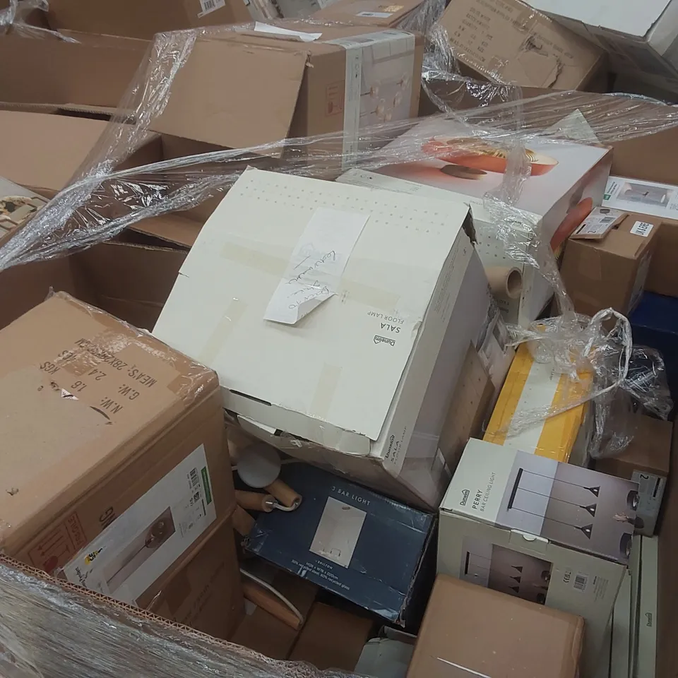 PALLET CONTAINING A VERY LARGE QUANTITY OF ASSORTED DESIGNER LIGHTING PRODUCTS INCLUDING: BELDI TABLE LAMP, SEYCHELLES FLUSH CEILING LIGHT, FLOYD TABLE LAMP, DIGBY TRIPOD FLOOR LAMP, AMALFI TABLE LAMP