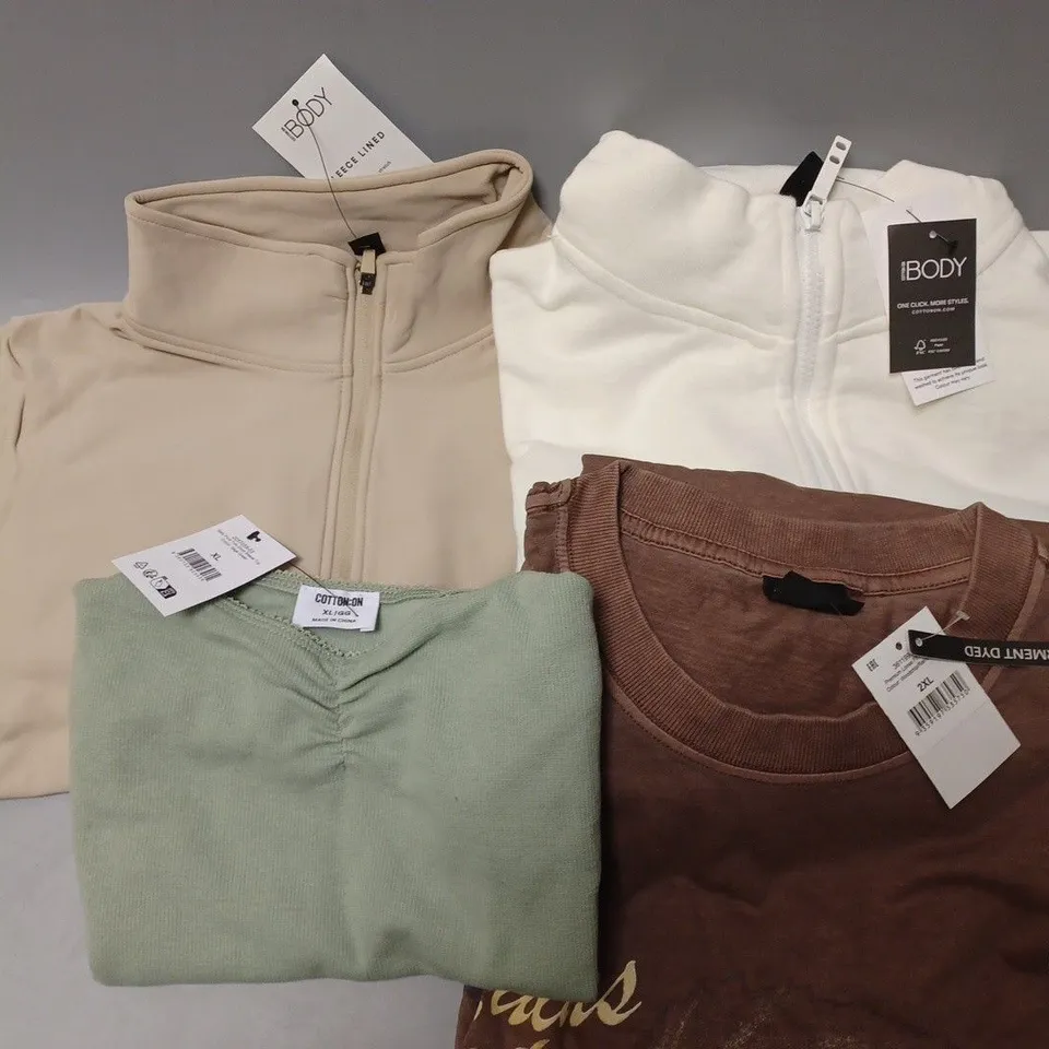 APPROXIMATELY 20 ASSORTED COTTON ON CLOTHING ITEMS TO INCLUDE FLEECE IN WHITE PEPPER SIZE XL, HALF ZIP CROP JUMPER IN SILKY BLUE SIZE M, SALLY PICOT SHORT SLEEVE TOP IN SAGE GREEN SIZE XL