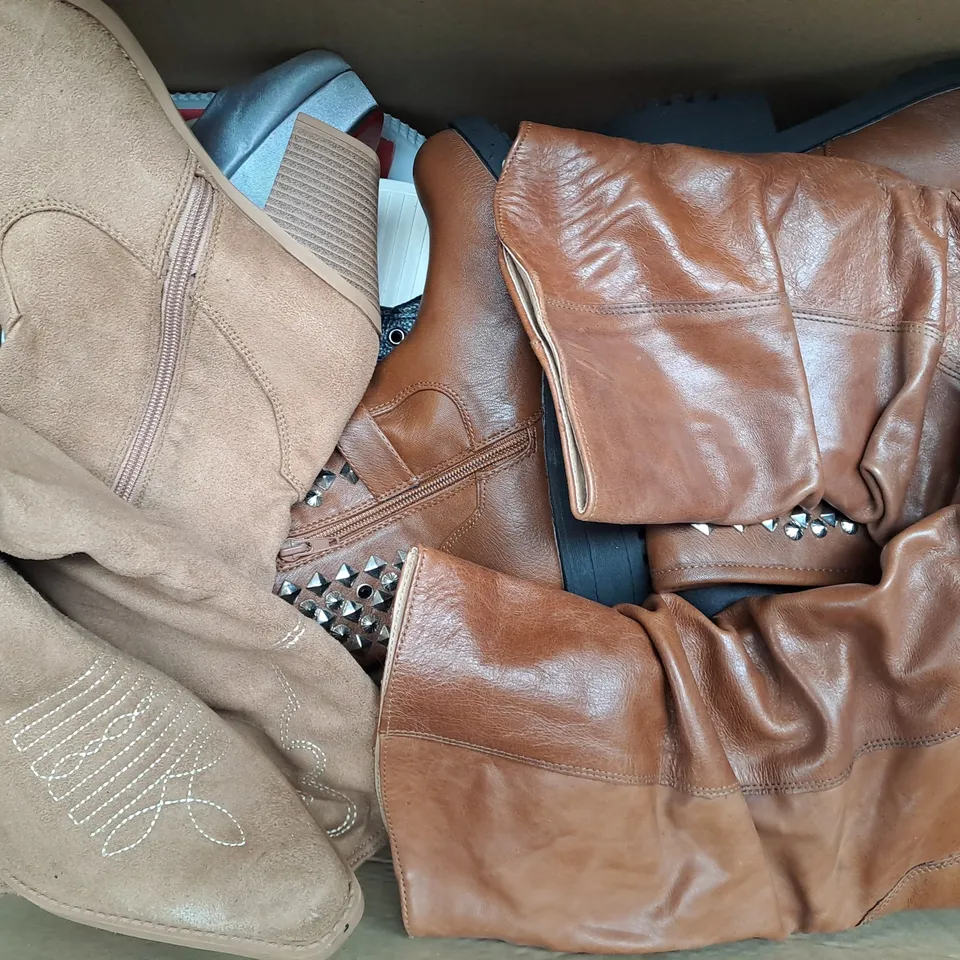 BOX OF APPROXIMATELY 10 ASSORTED PAIRS OF SHOES IN VARIOUS COLOURS, STYLES, AND SIZES