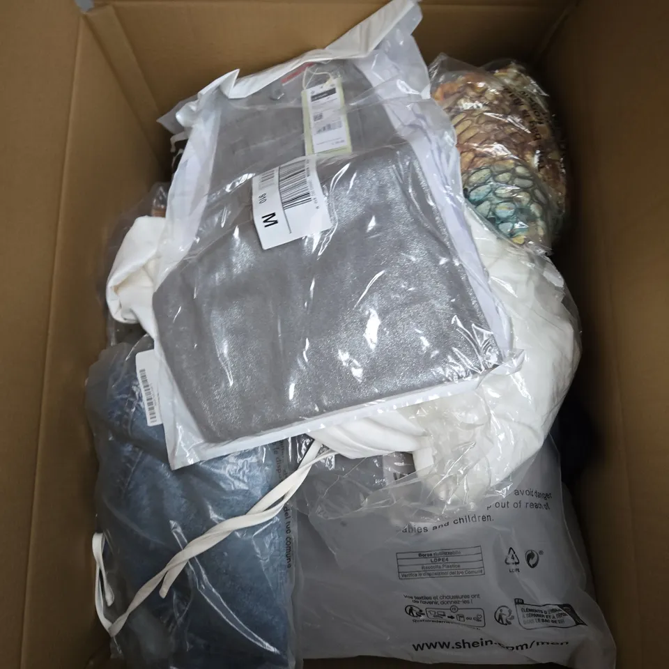 LARGE BOX OF ASSORTED CLOTHING ITEMS IN VARIOUS SIZES, STYLES AND COLOUR 