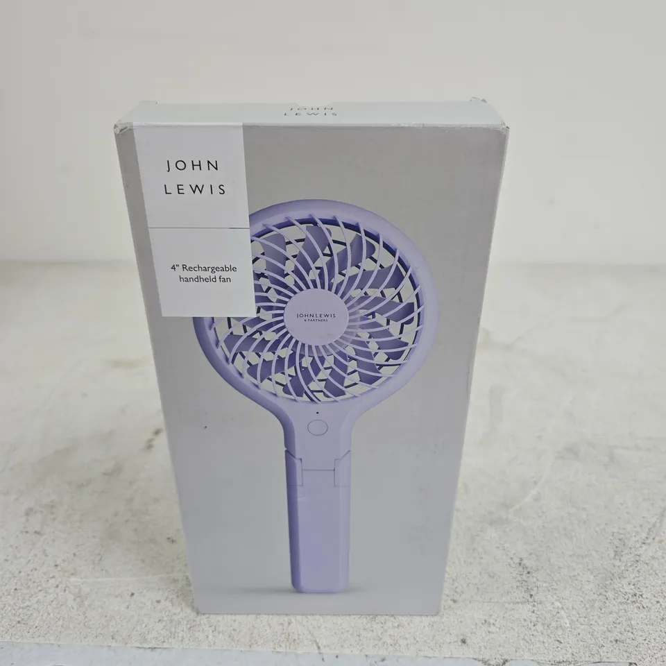 JOHN LEWIS 4-INCH RECHARGEABLE HANDHELD FAN – BOXED