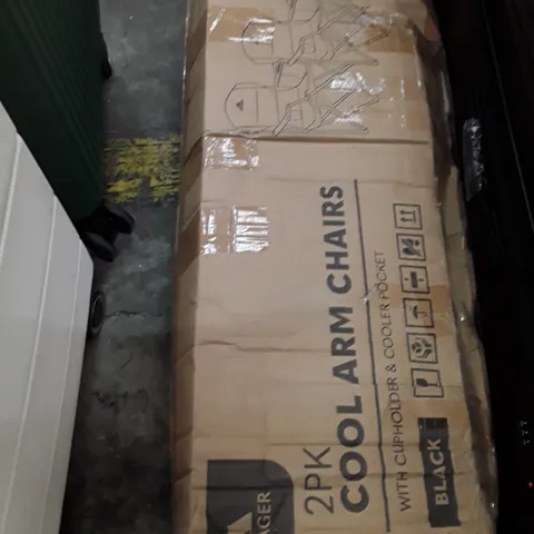BOXED KEPLIN VOYAGER 2PK COOL ARM CHAIRS WITH CUP HOLDER AND COOLER POCKET BLACK COLOUR 