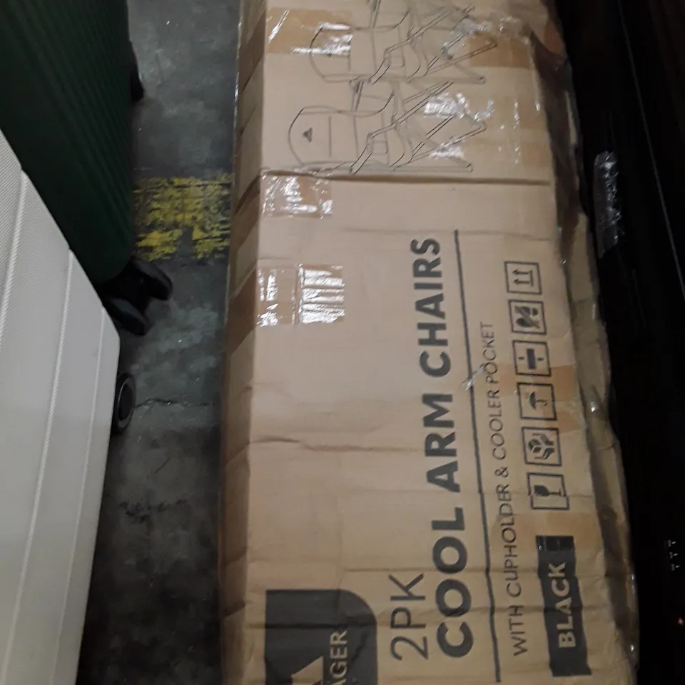 BOXED KEPLIN VOYAGER 2PK COOL ARM CHAIRS WITH CUP HOLDER AND COOLER POCKET BLACK COLOUR 
