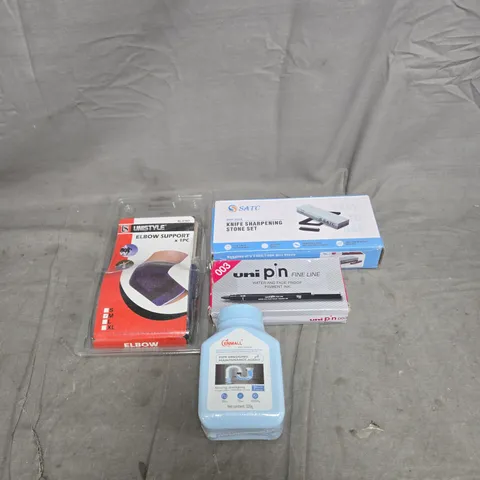 APPROXIMATELY 20 ASSORTED HOUSEHOLD ITEMS TO INCLUDE PIPE DREDGING AGENT, KNIFE SHARPENING SET, ELBOW SUPPORT, UNIPIN FINE LINE PEN ETC