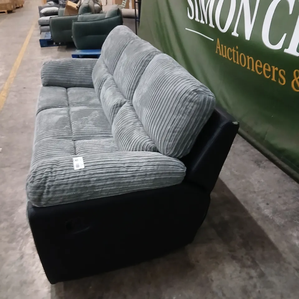 SIENNA GREY CORDUROY 3-SEATER RECLINING SOFA WITH BLACK FAUX-LEATHER ARMS