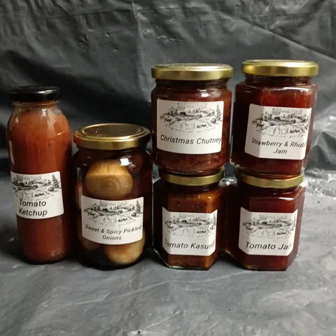 LOT OF 16 ASSORTED PRESERVED CONDIMENTS TO INCLUDE PICKELED ONIONS, TOMATOE JAM AND KETCHUP