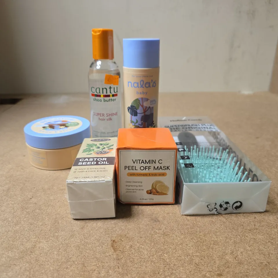TOTE OF APPROXIMATELY 20 ASSORTED COSMETIC ITEMS TO INCLUDE CASTOR SEED OIL, VITAMIN C PEEL OFF MASK, HOLLOW COMB SUPER BRUSH, VANILLA CLOUD BODY BUTTER ETC