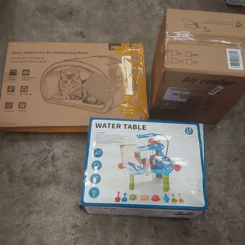 PALLET CONTAINING A VERY LARGE QUANTITY OF ASSORTED ITEMS INCLUDING: SPACE CAPSULE PET AIR CONDITIONING ROOM, AIR COOLER, WATER TABLE ECT