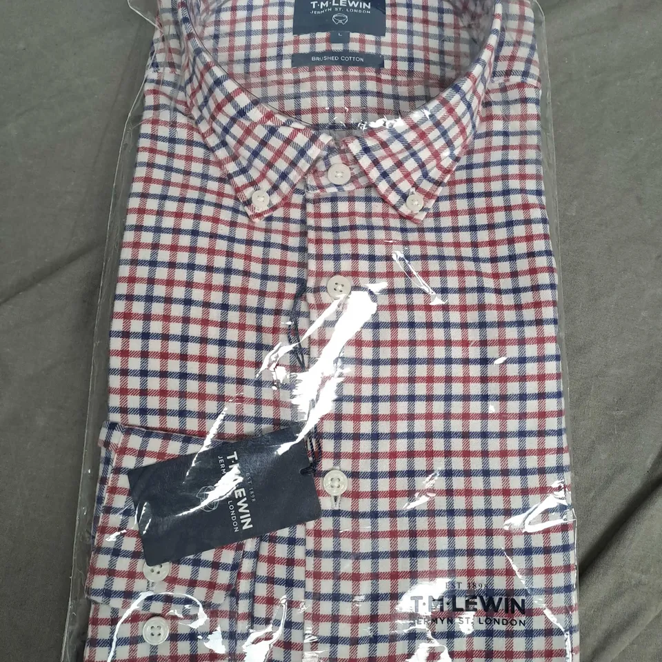 BAGGED SLIM NAVY BURGUNDY BLOCK CHECK BRUSHED COTTON SHIRT - LARGE