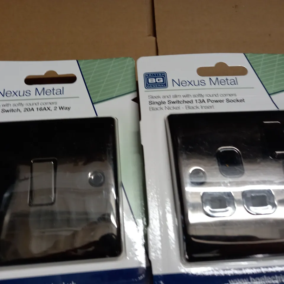 LOT OF 6 NEXUS METAL SWITCHES AND SOCKETS TO INCLUDE DOUBLE SWITCHED 13A POWER SOCKETS - BLACK NICKEL