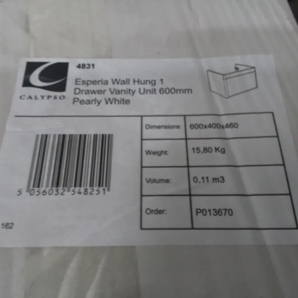 CALYPSO ESPECIALLY WALL HUNG 1-DRAWER VANITY UNIT 600MM IN PEARLY WHITE - 600X400X460