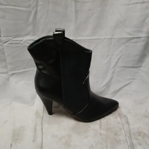 ASOS BLACK LEATHER LOOK ANKLE BOOTS WITH SIDE ZIP – POINTED TOE, MID-HEEL