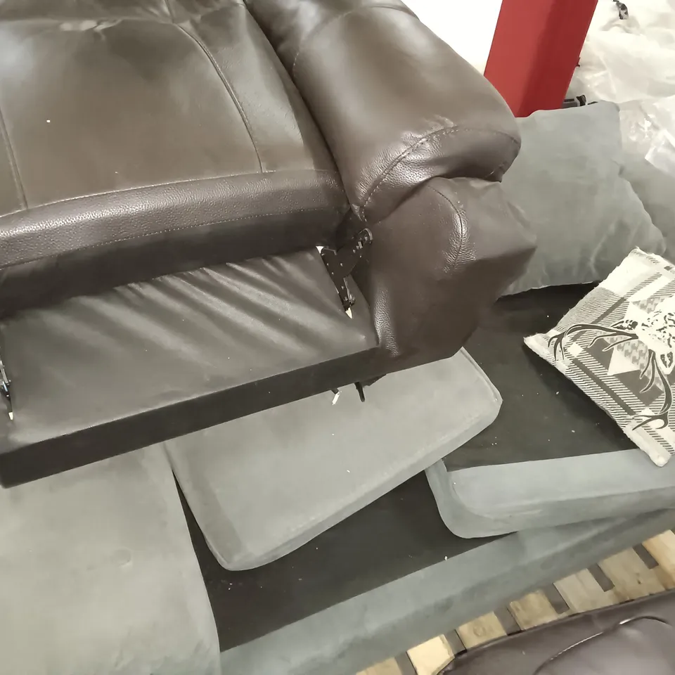 GREY FABRIC SOFA AND BROWN FAUX LEATHER RECLINER BASE