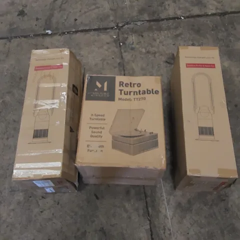 PALLET TO CONTAIN ASSORTED HOUSEHOLD ITEMS AND CONSUMER PRODUCTS. INCLUDES HEATER FANS, TURNTABLES, BOXED FURNITURE ETC