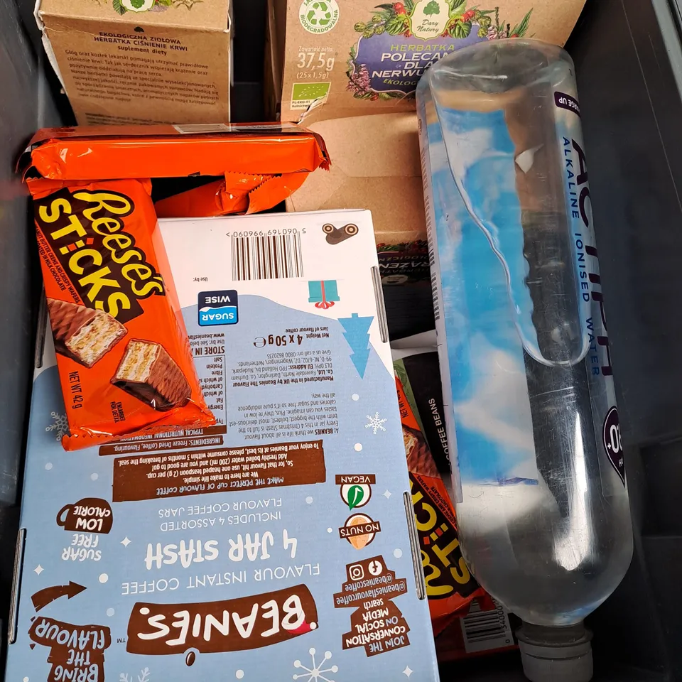 BOX OF APPROXIMATELY 10 ASSORTED ITEMS TO INCLUDE ACTIVPH WATER, REESES STICKS, INSTANT COFFEE ETC