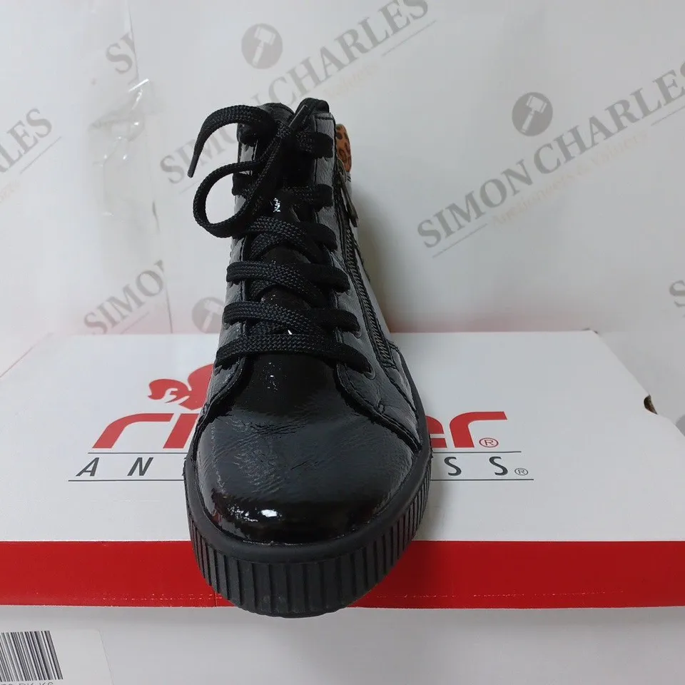 BOXED PAIR OF RIEKER HI TOP TRAINERS IN BLACK UK SIZE 6