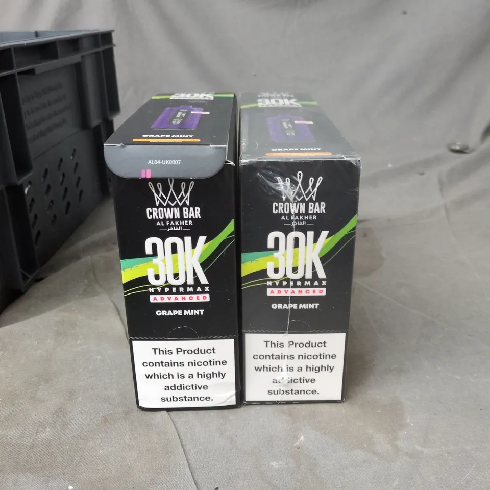TOTE OF APPROXIMATELY 25 ASSORTED ELECTRONIC CIGARETTE ITEMS TO INCLUDE:  30K CROWNBAR GRAPE MINT 