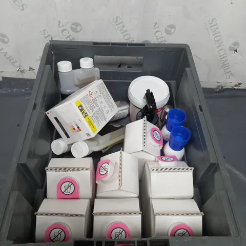 TOTE OF APPROX 10 CLEANING PRODUCTS TO INCLUDE WASHING UP LIQUID , AMINO ACID , STERILISER , ETC