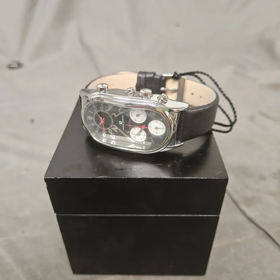 CHARLES JOURDAN CHRONOGRAPH WATCH – BLACK DIAL, LEATHER STRAP, STAINLESS STEEL CASE