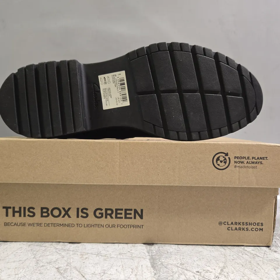 BOXED PAIR OF CLARKS BUCKLE STRAP SHOES IN BLACK SIZE UK 4