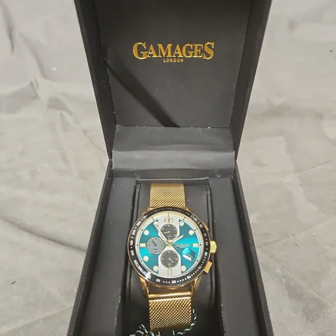 GAMAGES LONDON GOLD-TONE CHRONOGRAPH WRISTWATCH WITH TEAL DIAL