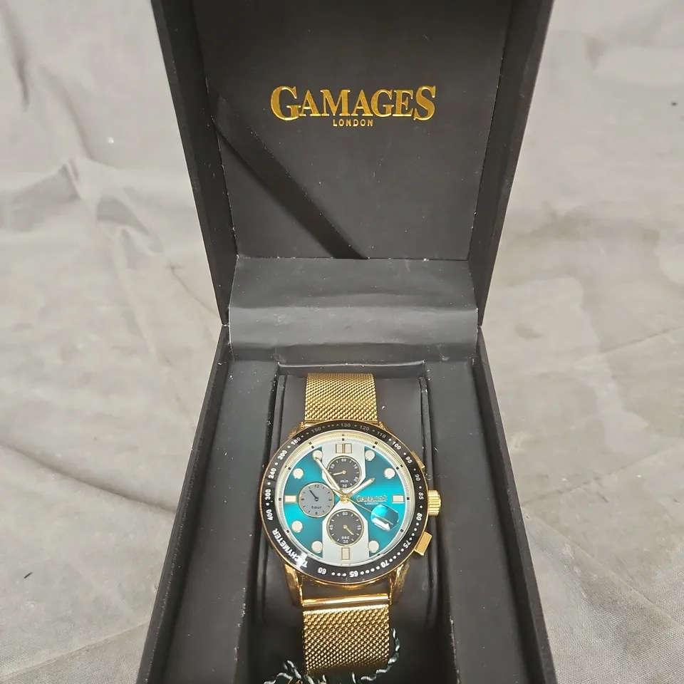 GAMAGES LONDON GOLD-TONE CHRONOGRAPH WRISTWATCH WITH TEAL DIAL 