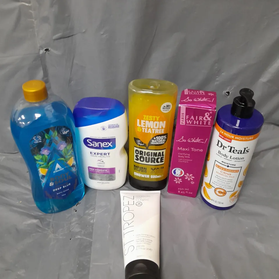APPROXIMATELY 20 ASSORTED COSMETICS PRODUCTS TO INCLUDE - SANEX SHOWER CREAM, DR TEAL'S BODY LOTION AND ST TROPEZ DAILY FIRMING LOTION ETC. 