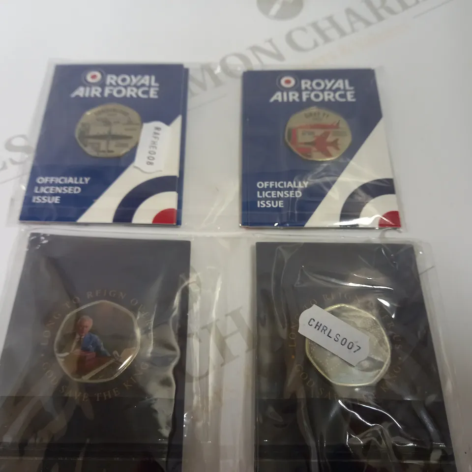 BOX OF APPROX 5 COLLECTABLE COINS INCLUDING QUEEN ELIZABETH COLLECTOR BOOK, RAF COMMEMORATIVE COINS AND KING CHARLES COMMEMORATIVE COINS
