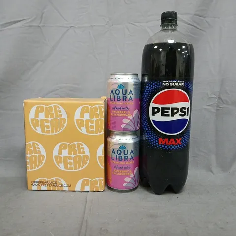 APPROXIMATELY 10 ASSORTED FOOD AND DRINK ITEMS TO INCLUDE PEPSI, AQUA LIBRA, PRE PEAR, ETC