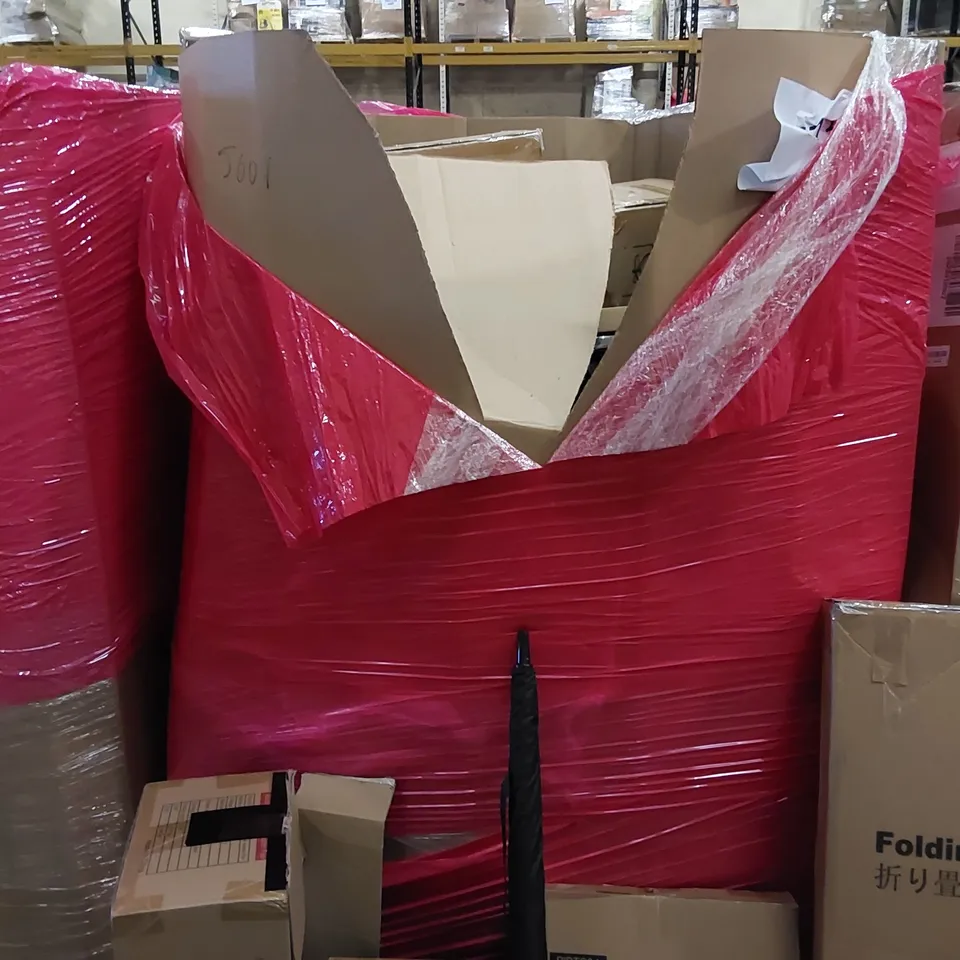 PALLET OF ASSORTED ITEMS INCLUDING: SMART HEATER,BLAMELESS PURIFIER & HEATER FAN, UMBRELLAS, TOILET SEAT, FURNITURE 