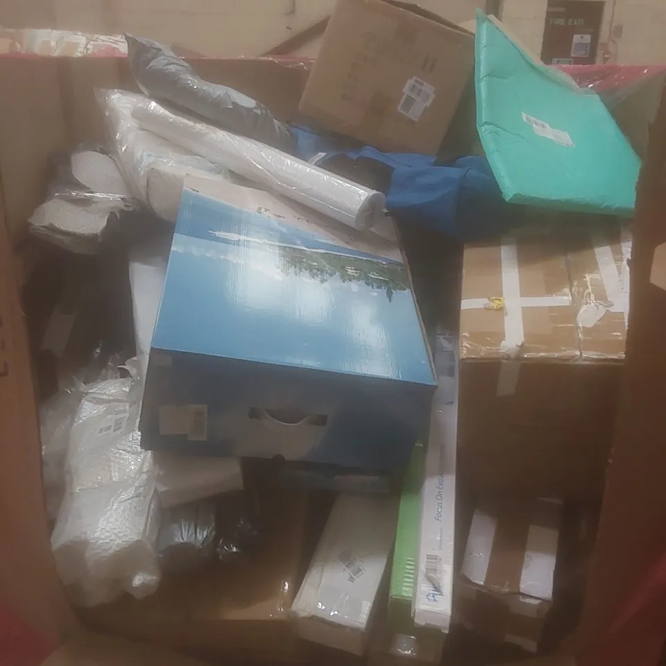 PALLET OF ASSORTED HOUSEHOLD GOODS AND PRODUCTS TO INCLUDE; DOOR WAY CHIN-UP BARS, SHOWER RISER RAIL KIT, UNDERSINK WATER FILTRATION, BOXED FURNITURE ETC