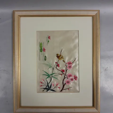 FRAMED EMBROIDERED BIRD & FLOWERS PICTURE