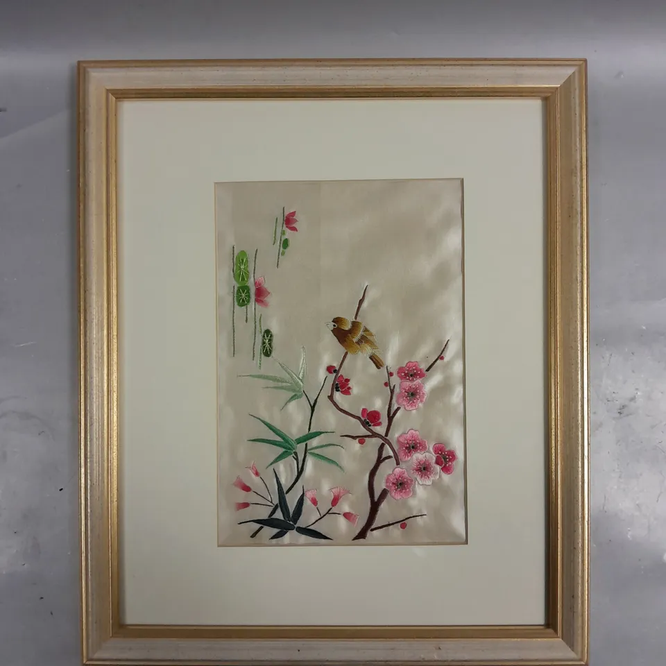 FRAMED EMBROIDERED BIRD & FLOWERS PICTURE	