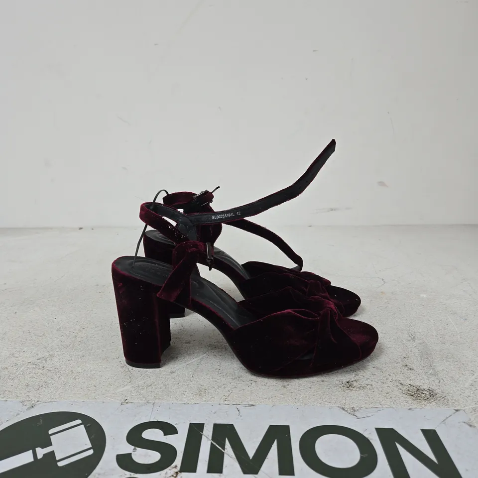 RUTH LANGFORD BURGUNDY VELVET HIGH-HEELED SANDALS, UK 7