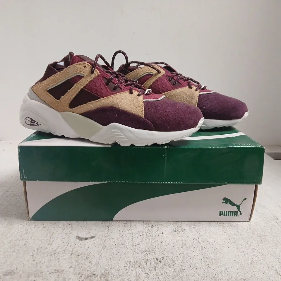 BOXED PAIR OF PUMA BOG SOCK RIOJA TRAINERS IN WINE SIZE UK 7