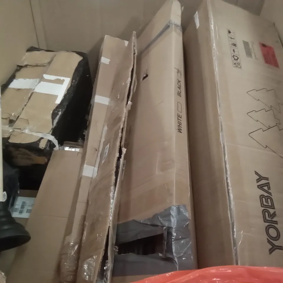 PALLET OF ASSORTED ITEMS INCLUDING ALUMINIUM FRAME WHITE BOARD, CLOTHS RACK, SKINNY SOFA TABLE, IRONING BOARD, CHRISTMAS TREE, PLUNGER 