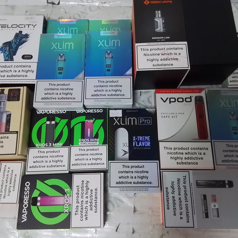 LOT OF ASSORTED E-CIGS AND PARTS TO INCLUDE VAPORESSO, OXVA AND ASPIRE
