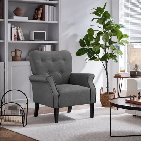 BOXED BUTTON-TUFTED ACCENT CHAIR SOLID WOOD LEGS WITH ROLLED ARM - DARK GREY