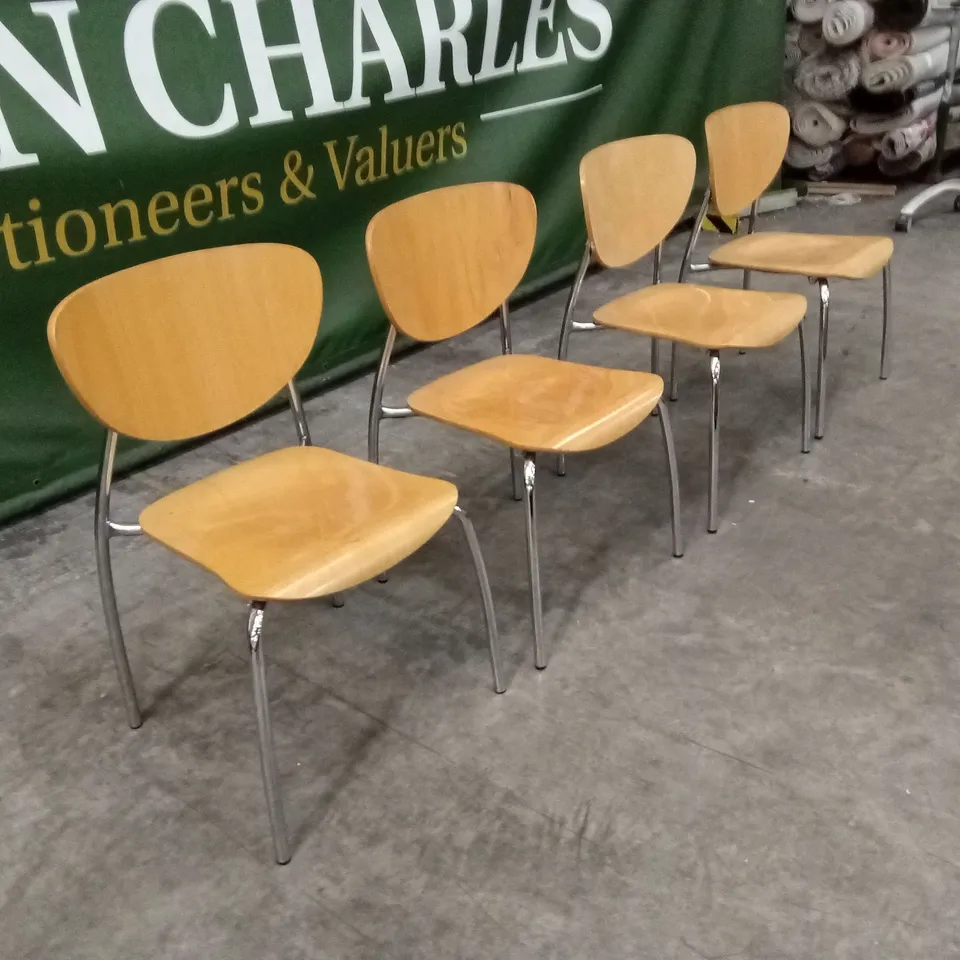 SET OF 4 STACKABLE WOOD DINING CHAIRS WITH METAL LEGS