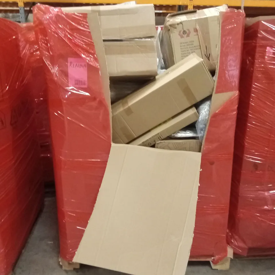 PALLET OF ASSORTED HOUSEHOLD GOODS AND PRODUCTS TO INCLUDE; CEILING LIGHT WITH FAN, FURNITURE, SUITCASE, THROW ETC