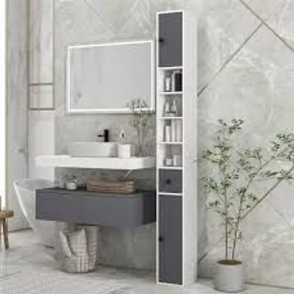 BOXED KLEANKIN 180CM SLIM BATHROOM CABINET, WITH DRAWER, SHELVES AND CUPBOARDS - GREY (1 BOX)