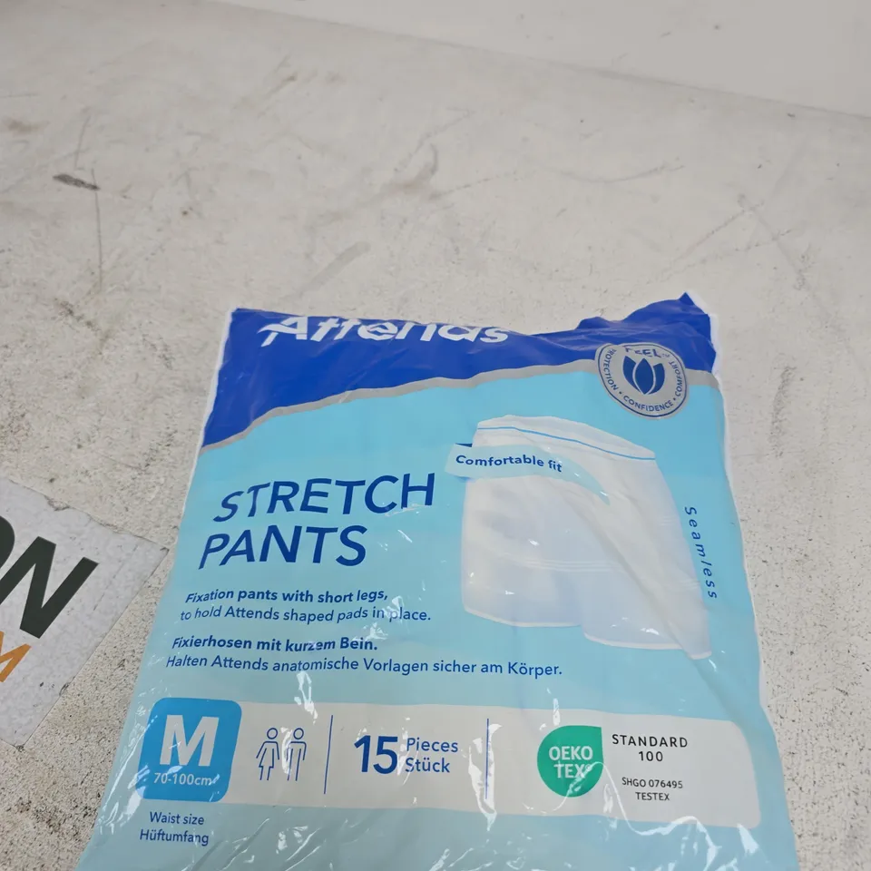 BOX OF APPROXIMATELY 15 ASSORTED HOUSEHOLD ITEMS INCLUDING WAFFLE KITCHEN TOWELS AND ATTEND STRETCH PANTS
