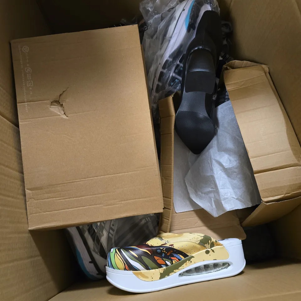 BOX OF APPROXIMATELY 6 PAIRS OF ASSORTED SHOES IN VARIOUS COLOUR, STYLES AND SIZES
